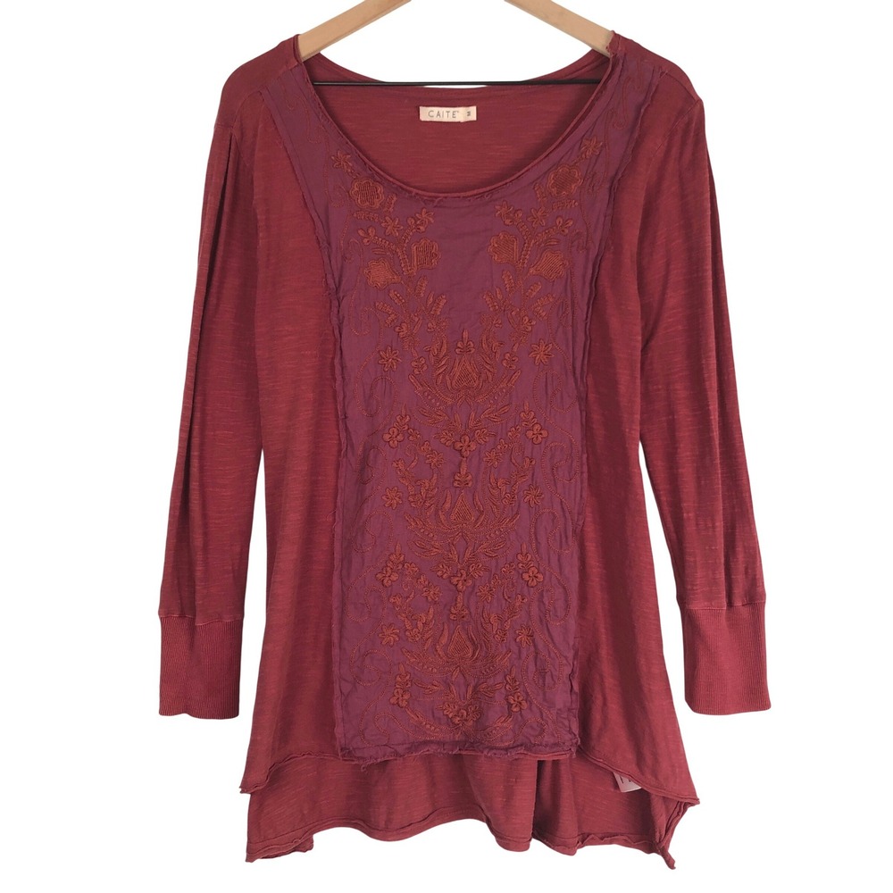 CAITE 100% Cotton Embroidered Boho Tunic Top Sz S Burgundy Wine Raw Edge‎ L/S